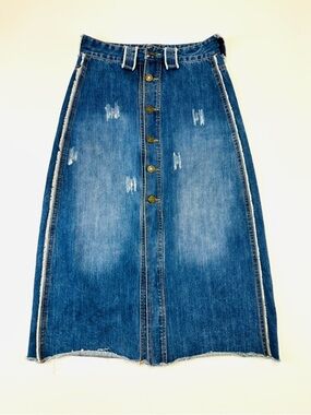 Denim Midi Skirt Distressed Button Front Raw Hem Vintage 90s Grunge Casual XS